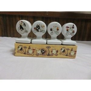 SET OF 4 PORCELAIN WINE STOPPERS BY JENNIFER GARANT  2003 MINT IN BOX CHEF THEME